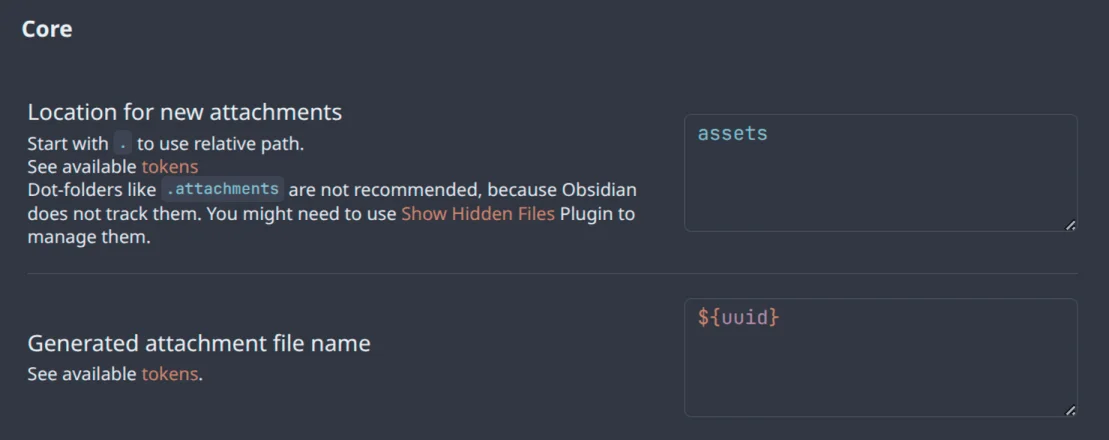 Custom Attachment Location Core settings — Location for new attachments set to "assets" and Generated attachment file name set to ${uuid}