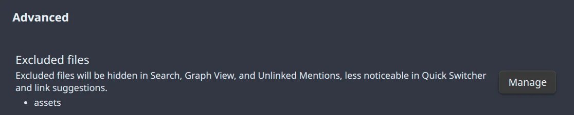 Obsidian Files and links → Excluded files with "assets" added to the list and the Manage button on the right