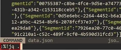 Vim buffer before and after running :%!jq to prettify JSON